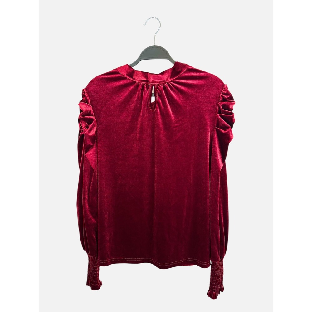 Red Velvet Puff Sleeve Blouse High Neck Tie Back Smocked Cuff Top Medium - Picture 5 of 6